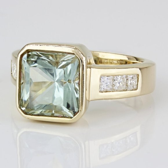 14k Yellow Gold Aquamarine Gemstone Princess Diamond Cocktail Anniversary Ring - Picture 1 of 8